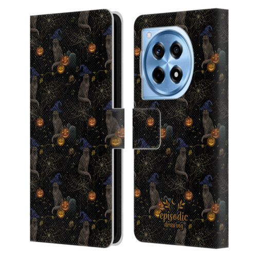 Episodic Drawing Spooky Patterns Cat's Halloween Hat Leather Book Wallet Case Cover For OnePlus 12R