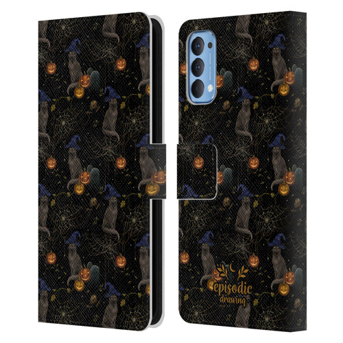 Episodic Drawing Spooky Patterns Cat's Halloween Hat Leather Book Wallet Case Cover For OPPO Reno 4 5G