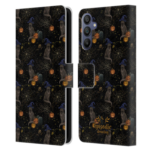 Episodic Drawing Spooky Patterns Cat's Halloween Hat Leather Book Wallet Case Cover For Samsung Galaxy A15