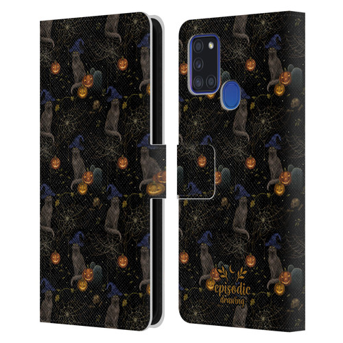 Episodic Drawing Spooky Patterns Cat's Halloween Hat Leather Book Wallet Case Cover For Samsung Galaxy A21s (2020)