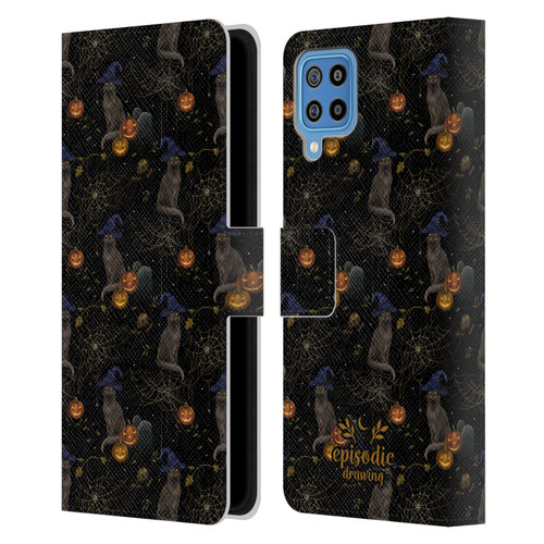 Episodic Drawing Spooky Patterns Cat's Halloween Hat Leather Book Wallet Case Cover For Samsung Galaxy F22 (2021)