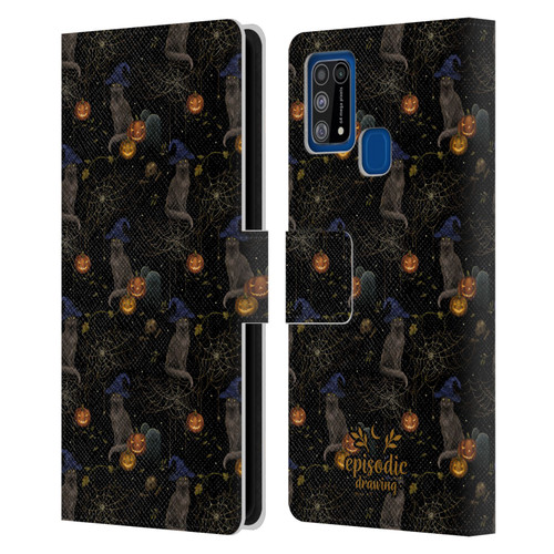 Episodic Drawing Spooky Patterns Cat's Halloween Hat Leather Book Wallet Case Cover For Samsung Galaxy M31 (2020)