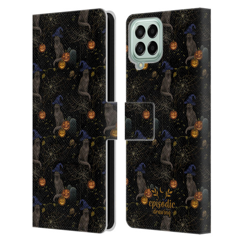 Episodic Drawing Spooky Patterns Cat's Halloween Hat Leather Book Wallet Case Cover For Samsung Galaxy M53 (2022)