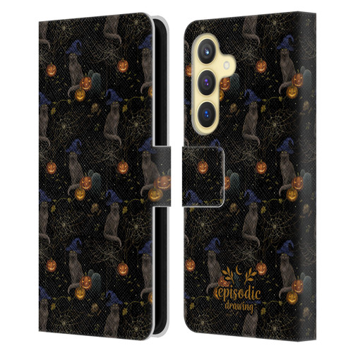 Episodic Drawing Spooky Patterns Cat's Halloween Hat Leather Book Wallet Case Cover For Samsung Galaxy S24 5G