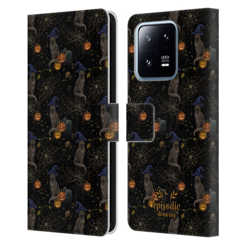 Episodic Drawing Spooky Patterns Cat's Halloween Hat Leather Book Wallet Case Cover For Xiaomi 13 Pro 5G