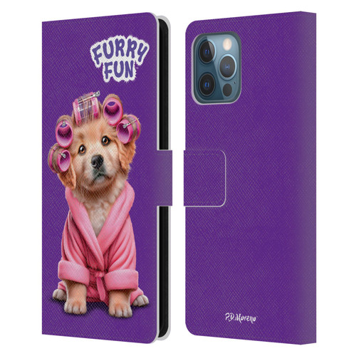 P.D. Moreno Furry Fun Artwork Puppy With Curlers Leather Book Wallet Case Cover For Apple iPhone 12 Pro Max
