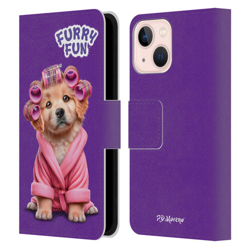 P.D. Moreno Furry Fun Artwork Puppy With Curlers Leather Book Wallet Case Cover For Apple iPhone 13 Mini