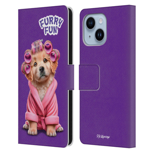 P.D. Moreno Furry Fun Artwork Puppy With Curlers Leather Book Wallet Case Cover For Apple iPhone 14 Plus