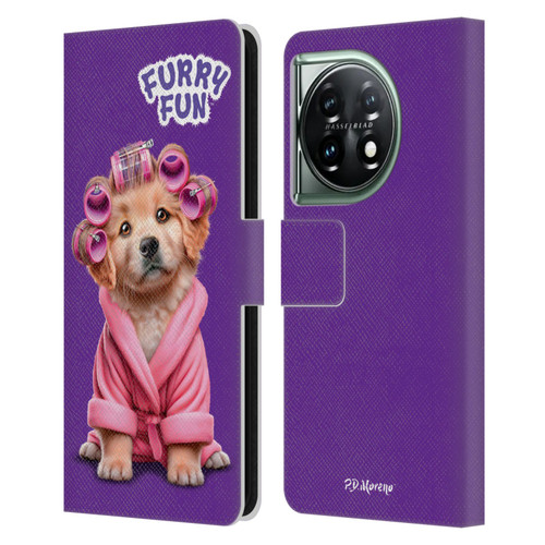 P.D. Moreno Furry Fun Artwork Puppy With Curlers Leather Book Wallet Case Cover For OnePlus 11 5G