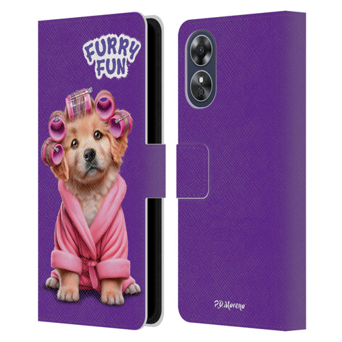 P.D. Moreno Furry Fun Artwork Puppy With Curlers Leather Book Wallet Case Cover For OPPO A17
