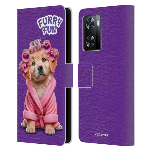 P.D. Moreno Furry Fun Artwork Puppy With Curlers Leather Book Wallet Case Cover For OPPO A57s