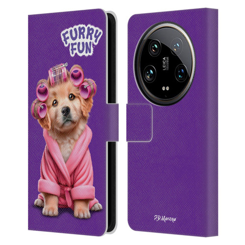 P.D. Moreno Furry Fun Artwork Puppy With Curlers Leather Book Wallet Case Cover For Xiaomi 14 Ultra
