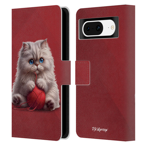P.D. Moreno Play Cat Artwork Red Yarn Leather Book Wallet Case Cover For Google Pixel 8