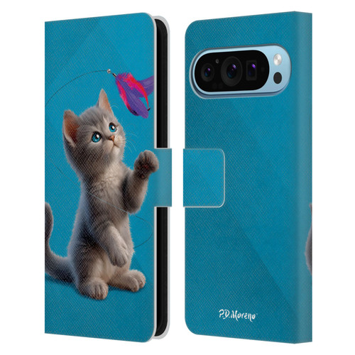 P.D. Moreno Play Cat Artwork Toy Feather Leather Book Wallet Case Cover For Google Pixel 9 / Pixel 9 Pro