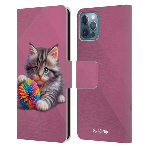P.D. Moreno Play Cat Artwork Spikey Ball Leather Book Wallet Case Cover For Apple iPhone 12 / iPhone 12 Pro