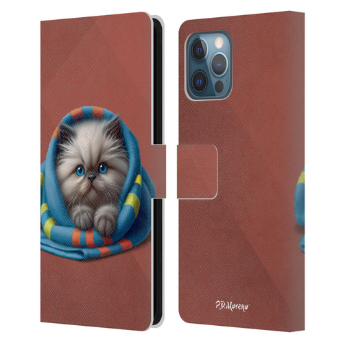 P.D. Moreno Play Cat Artwork Blue Towel Leather Book Wallet Case Cover For Apple iPhone 12 Pro Max