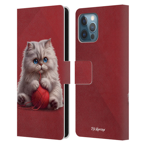 P.D. Moreno Play Cat Artwork Red Yarn Leather Book Wallet Case Cover For Apple iPhone 12 Pro Max