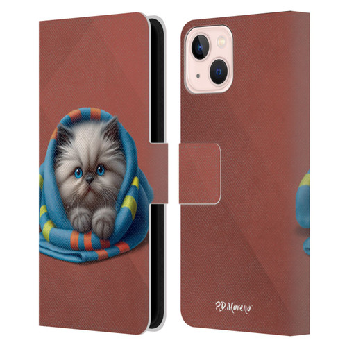 P.D. Moreno Play Cat Artwork Blue Towel Leather Book Wallet Case Cover For Apple iPhone 13