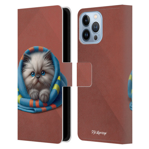 P.D. Moreno Play Cat Artwork Blue Towel Leather Book Wallet Case Cover For Apple iPhone 13 Pro Max