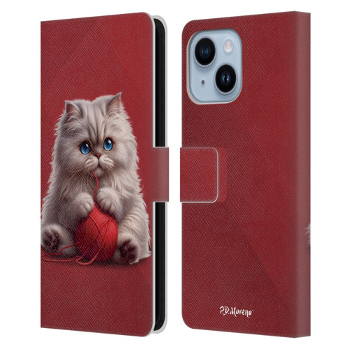 P.D. Moreno Play Cat Artwork Red Yarn Leather Book Wallet Case Cover For Apple iPhone 14 Plus