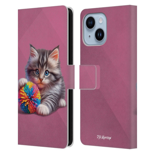 P.D. Moreno Play Cat Artwork Spikey Ball Leather Book Wallet Case Cover For Apple iPhone 14 Plus