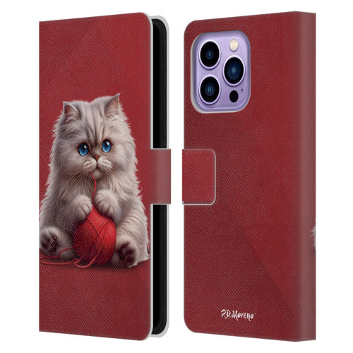 P.D. Moreno Play Cat Artwork Red Yarn Leather Book Wallet Case Cover For Apple iPhone 14 Pro Max