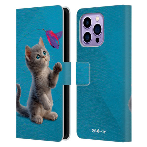 P.D. Moreno Play Cat Artwork Toy Feather Leather Book Wallet Case Cover For Apple iPhone 14 Pro Max