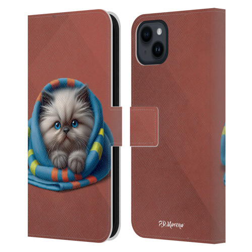 P.D. Moreno Play Cat Artwork Blue Towel Leather Book Wallet Case Cover For Apple iPhone 15 Plus