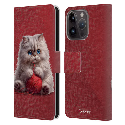 P.D. Moreno Play Cat Artwork Red Yarn Leather Book Wallet Case Cover For Apple iPhone 15 Pro