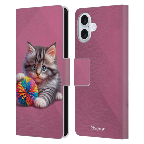 P.D. Moreno Play Cat Artwork Spikey Ball Leather Book Wallet Case Cover For Apple iPhone 16 Plus