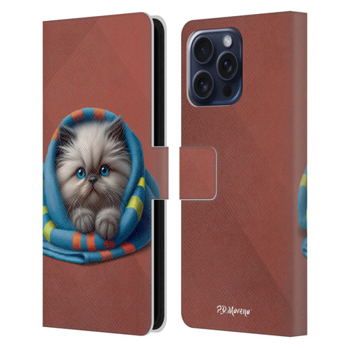 P.D. Moreno Play Cat Artwork Blue Towel Leather Book Wallet Case Cover For Apple iPhone 16 Pro Max
