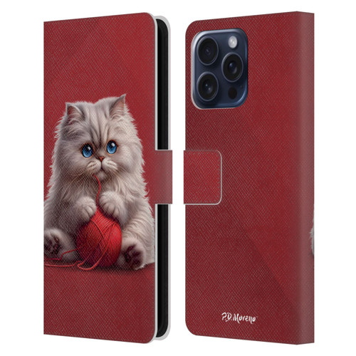 P.D. Moreno Play Cat Artwork Red Yarn Leather Book Wallet Case Cover For Apple iPhone 16 Pro Max