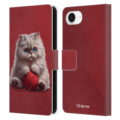 P.D. Moreno Play Cat Artwork Red Yarn Leather Book Wallet Case Cover For Apple iPhone 16e