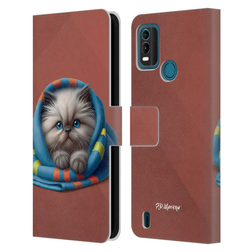 P.D. Moreno Play Cat Artwork Blue Towel Leather Book Wallet Case Cover For Nokia G11 Plus