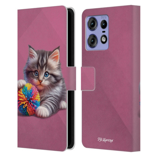 P.D. Moreno Play Cat Artwork Spikey Ball Leather Book Wallet Case Cover For Motorola Edge 50 Pro