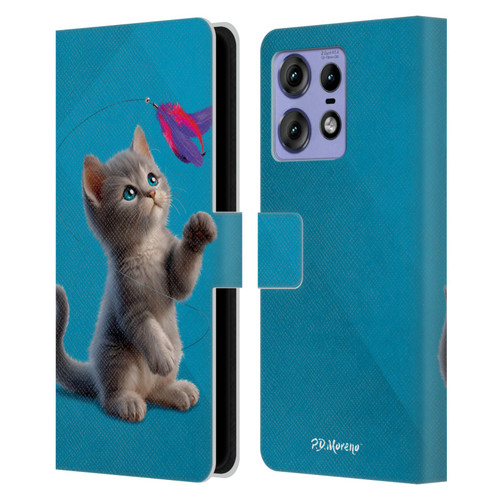 P.D. Moreno Play Cat Artwork Toy Feather Leather Book Wallet Case Cover For Motorola Edge 50 Pro