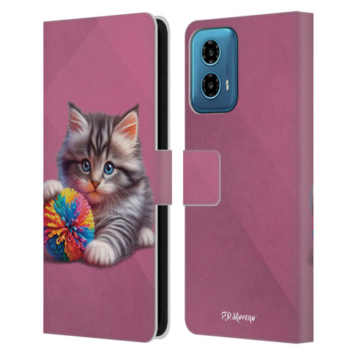 P.D. Moreno Play Cat Artwork Spikey Ball Leather Book Wallet Case Cover For Motorola Moto G34 5G