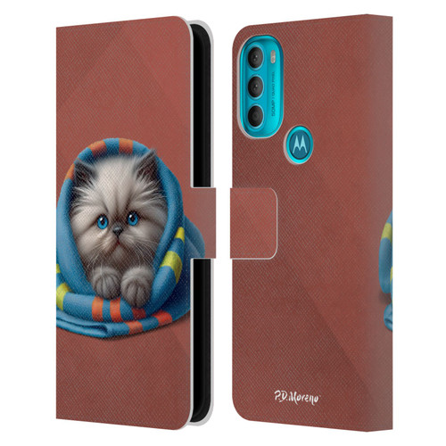 P.D. Moreno Play Cat Artwork Blue Towel Leather Book Wallet Case Cover For Motorola Moto G71 5G