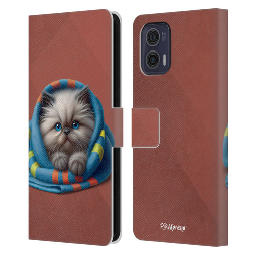 P.D. Moreno Play Cat Artwork Blue Towel Leather Book Wallet Case Cover For Motorola Moto G73 5G