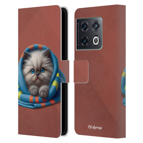 P.D. Moreno Play Cat Artwork Blue Towel Leather Book Wallet Case Cover For OnePlus 10 Pro