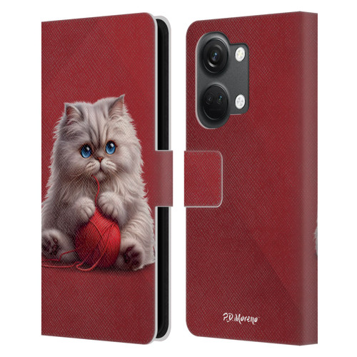 P.D. Moreno Play Cat Artwork Red Yarn Leather Book Wallet Case Cover For OnePlus Nord 3 5G