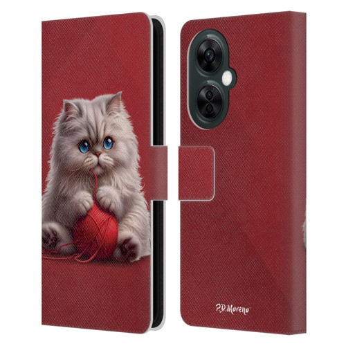 P.D. Moreno Play Cat Artwork Red Yarn Leather Book Wallet Case Cover For OnePlus Nord CE 3 Lite 5G