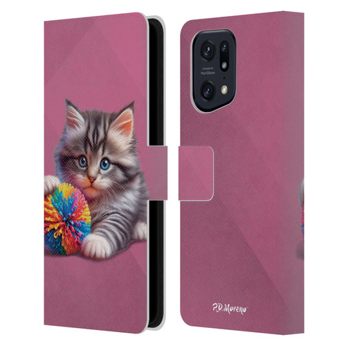 P.D. Moreno Play Cat Artwork Spikey Ball Leather Book Wallet Case Cover For OPPO Find X5 Pro