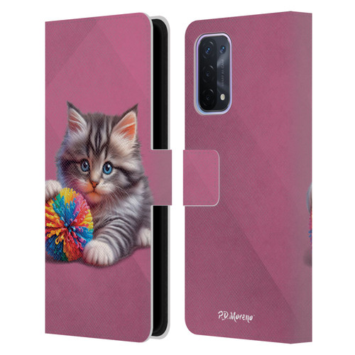 P.D. Moreno Play Cat Artwork Spikey Ball Leather Book Wallet Case Cover For OPPO A54 5G