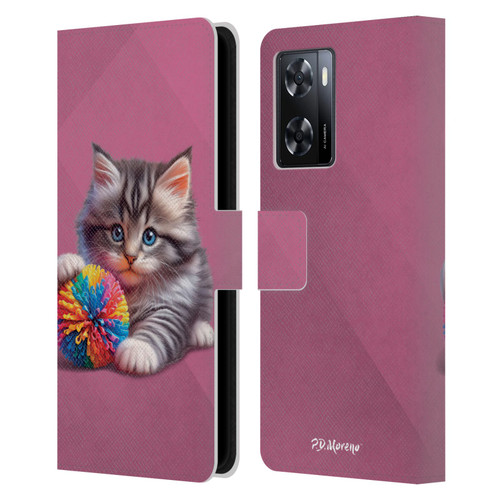 P.D. Moreno Play Cat Artwork Spikey Ball Leather Book Wallet Case Cover For OPPO A57s