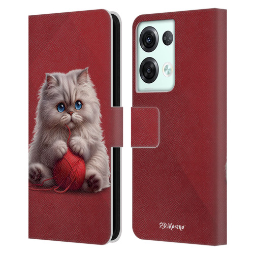 P.D. Moreno Play Cat Artwork Red Yarn Leather Book Wallet Case Cover For OPPO Reno8 Pro