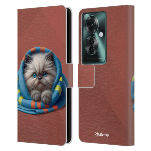 P.D. Moreno Play Cat Artwork Blue Towel Leather Book Wallet Case Cover For OPPO Reno11 F 5G / F25 Pro 5G