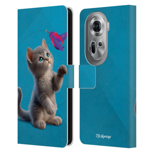 P.D. Moreno Play Cat Artwork Toy Feather Leather Book Wallet Case Cover For OPPO Reno11 Pro