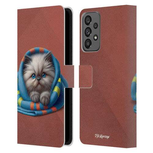 P.D. Moreno Play Cat Artwork Blue Towel Leather Book Wallet Case Cover For Samsung Galaxy A73 5G (2022)