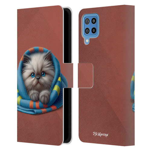 P.D. Moreno Play Cat Artwork Blue Towel Leather Book Wallet Case Cover For Samsung Galaxy F22 (2021)